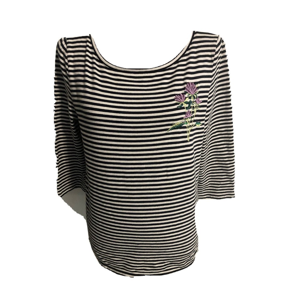 Talbots Top Blouse LP Petite Nautical Blue 3/4 Sleeve Beaded Embroidered 24L